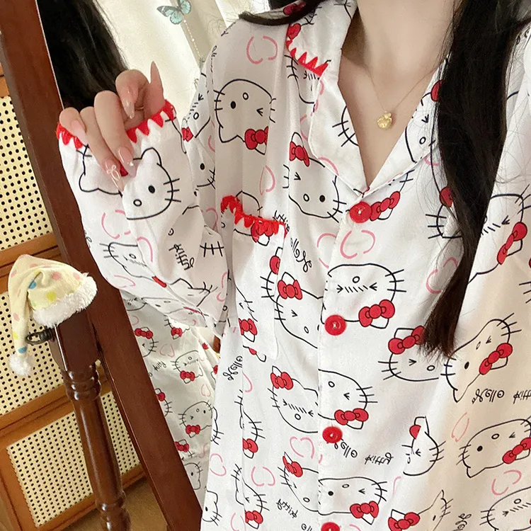 日系可爱红色简笔kitty睡衣女春秋泡泡棉长袖学生家居服套装卡通