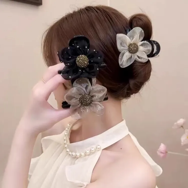 高端网纱水钻花朵抓夹女2024新款马尾夹后脑勺鲨鱼夹半扎发夹头饰