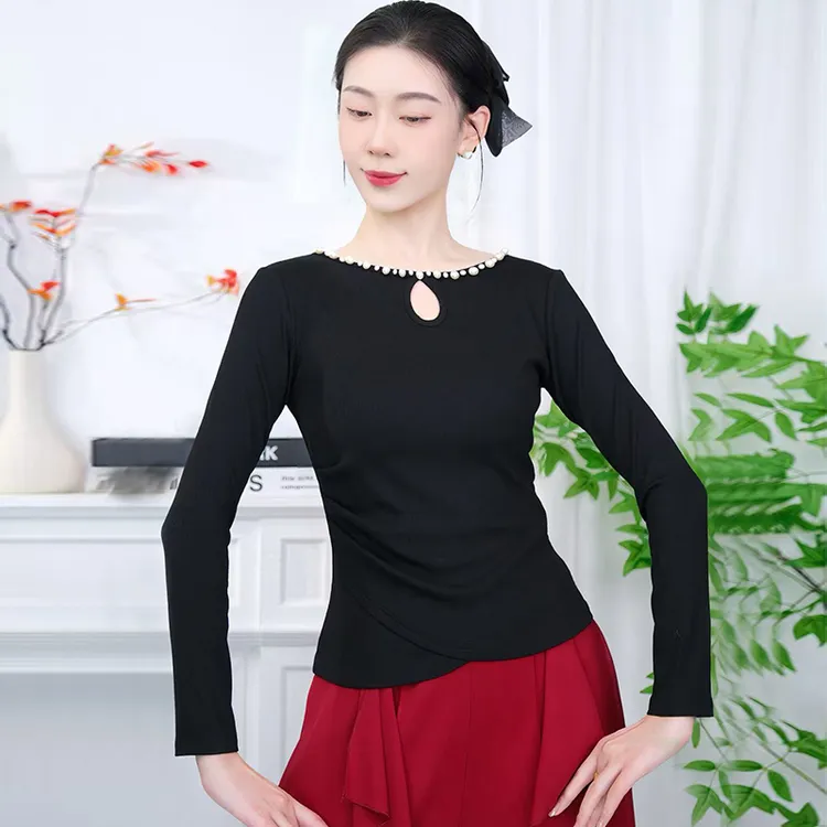 菲梵舞后新款秋冬现代舞练功服上衣珍珠领舞蹈服女古典舞长袖服装