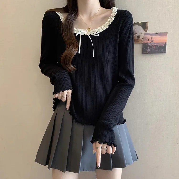 早秋大码穿搭蝴蝶结上衣胖mm巨显瘦遮肉打底衫韩版百搭针织衫长袖