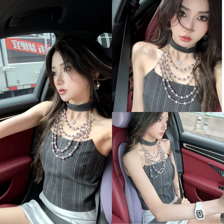 灰色条纹链条挂脖短款上衣