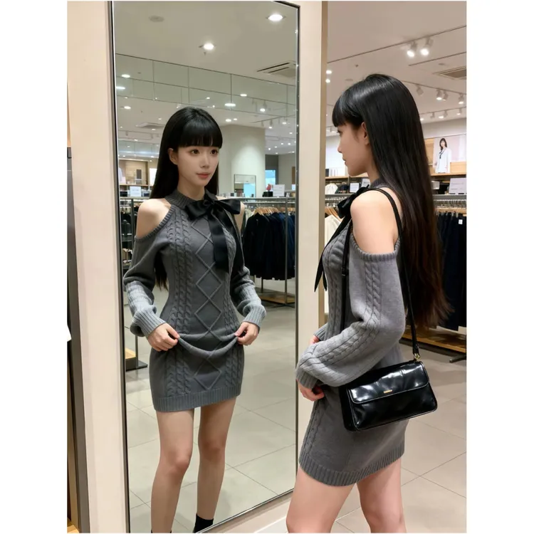 古早感长袖复古包臀裙露肩毛衣秋冬灯笼袖千金感收腰针织连衣裙女
