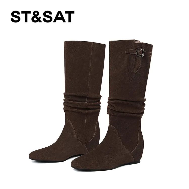 St&Sat/星期六2025新款时尚圆头长靴内增高时装靴秋冬百搭骑士靴