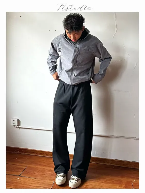 Ttstudio基础多巴胺黑色通勤毛圈纯棉弯刀版型直筒运动卫裤