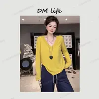 DMlife【纸片人】夏季新款长袖防晒服宽松拼接v领T恤上衣