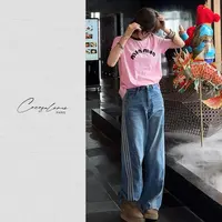 韩彬彬"阿笛裤"100%棉水洗侧条纹设计阔腿蓝色直筒牛仔裤1126-6