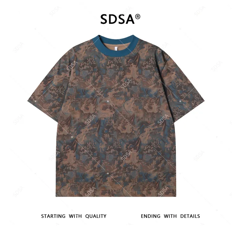 夏季高级感新款男士撞色花卉圆领T恤百搭撞色短袖重磅复古上衣