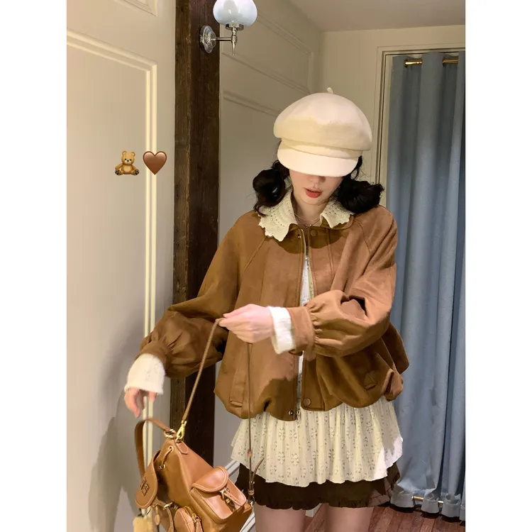 韩系复古花边娃娃领麂皮花苞外套女秋季甜美时尚百搭短款夹克上衣