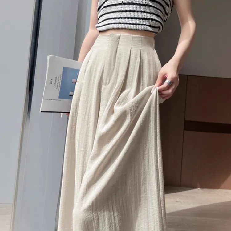 棉麻冰丝阔腿裤裙女夏季高腰广州十三行宽松松弛感亚麻直筒拖地裤