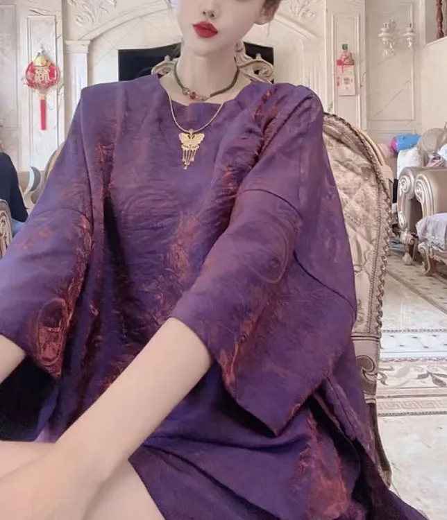 常熟新中式夏季新款百搭气质浮光锦紫色套装-098