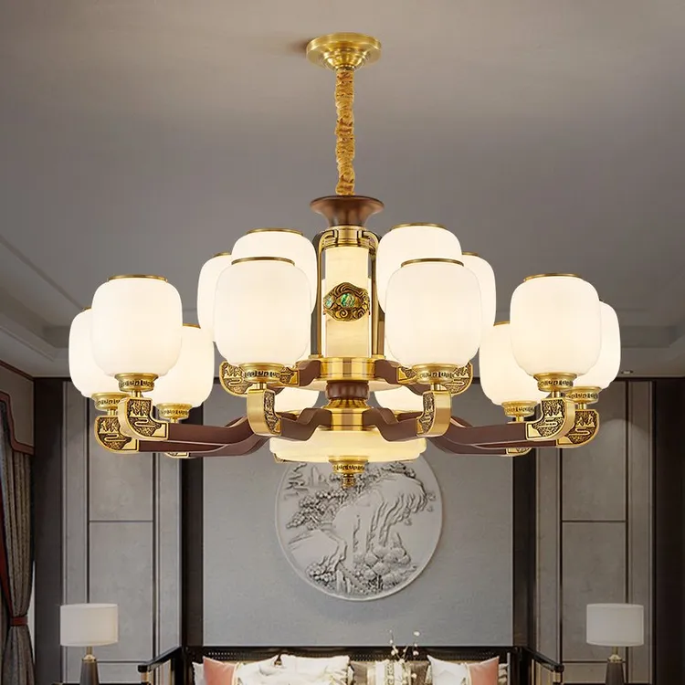 弯灯臂新中式吊灯全铜玉石吊灯卧室客厅餐厅吊灯别墅高端灯具