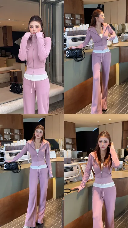 加绒加厚秋冬季2025新品气质连帽收腰外套松紧中腰卫裤加绒套装女