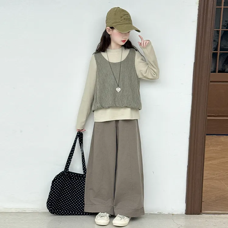 女童秋装套装2025新款儿童秋季洋气针织马甲大童女孩打底衫三件套