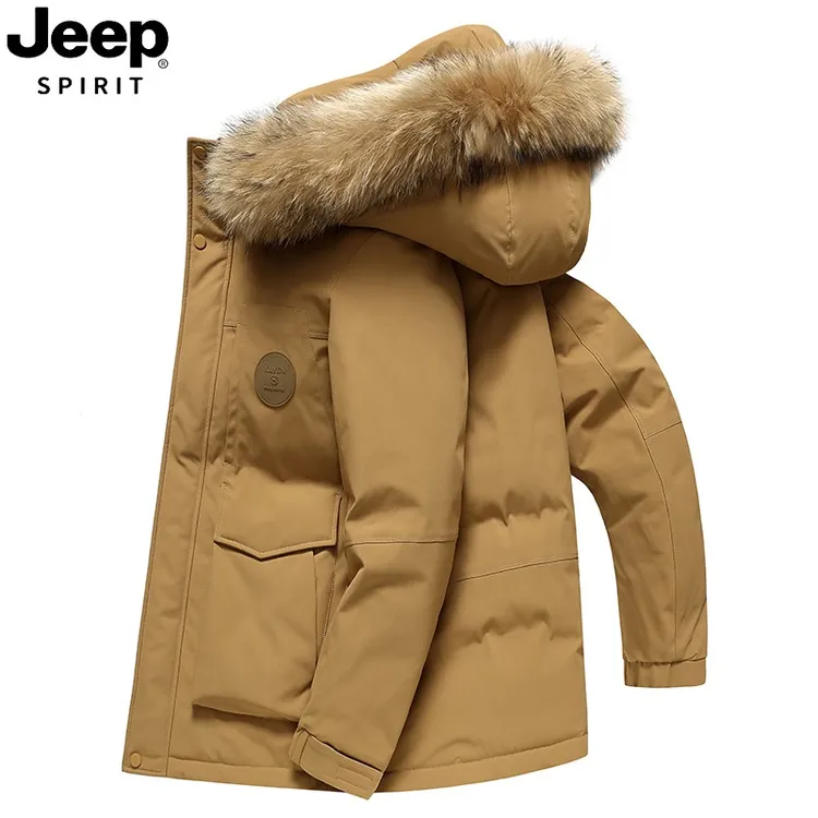 JEEP吉普派克服男士大毛领可拆卸连帽羽绒服冬季极寒加厚保暖外套