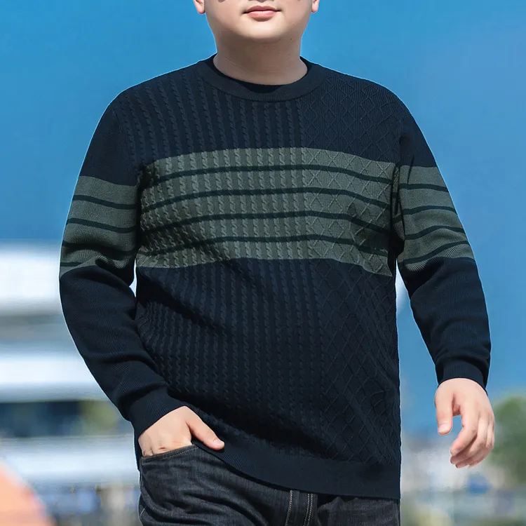 大码男装针织衫撞色条纹打底毛衫胖子宽松加肥加大男休闲提花毛衣
