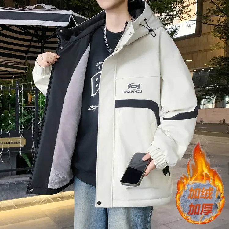 加绒加厚连帽工装夹克男宽松保暖港风外男款加绒加厚青少年冲锋衣