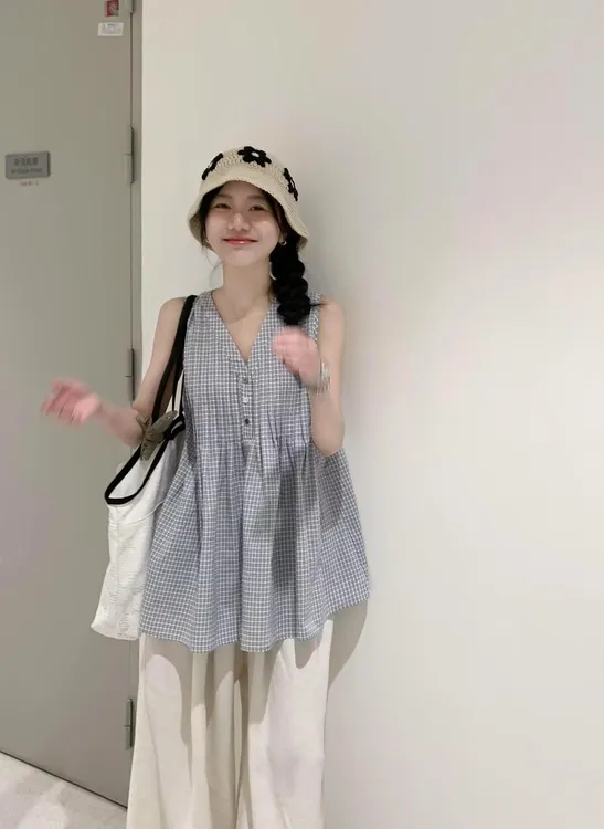 2025春夏新款韩系甜美风无袖背心衬衫女暴打高腰休闲阔腿裤两件套