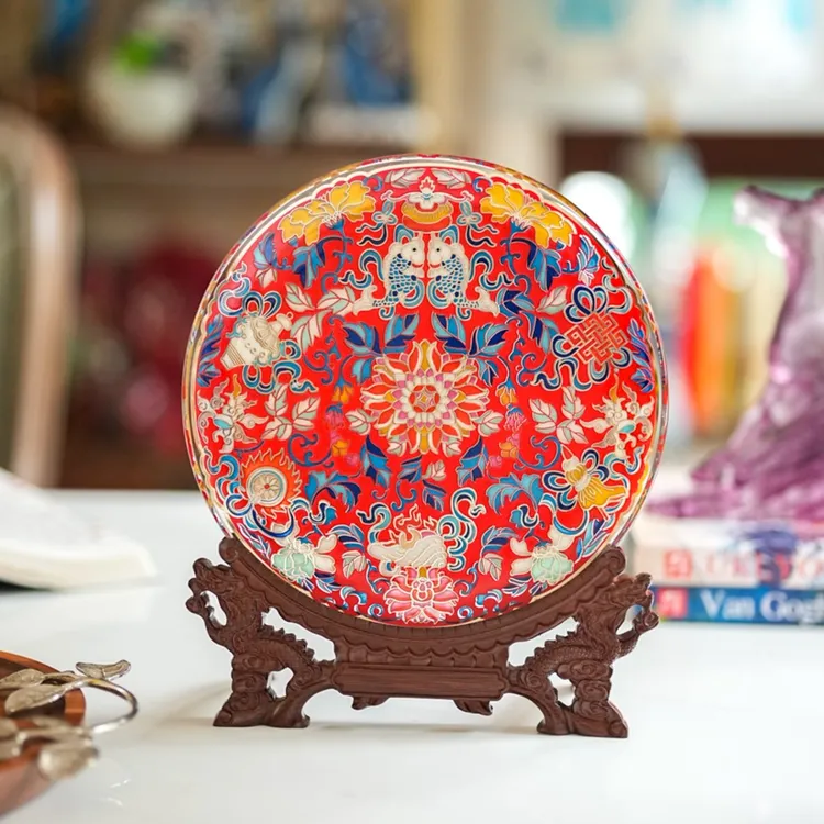 【文创】艺术款新中式掐丝雕刻手工彩绘赏盘吉庆有余中国红25.5CM