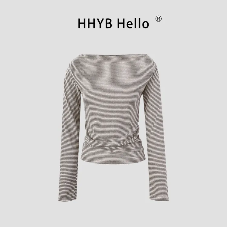 HHYB Hello高级感条纹一字肩长袖T恤女2025新款小众上衣250591