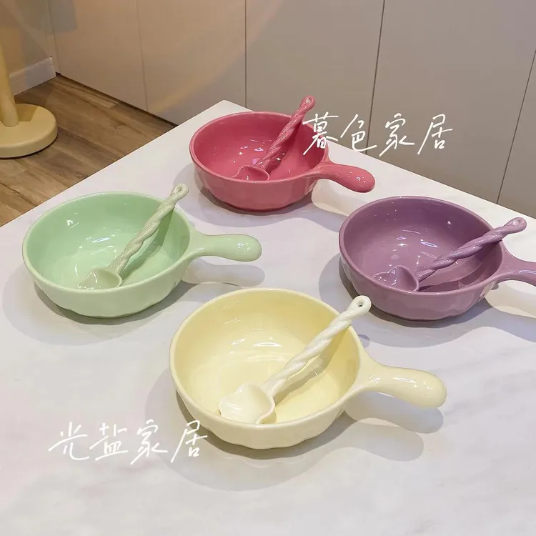 ins风fufu奶油色餐具陶瓷手柄勺家用一人食奶油泡面饭碗套装yw