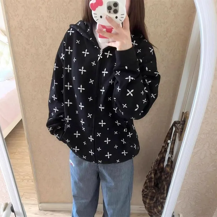 韩版复古连帽满印花卫衣女开衫2025新款秋季宽松慵懒风松弛感外套