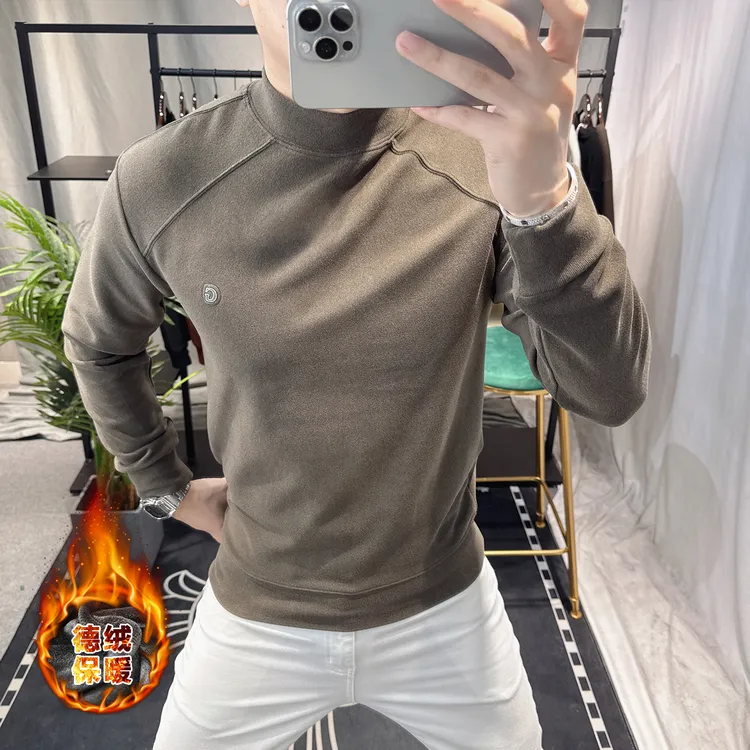 欧洲站半高领德绒男士长袖t恤高级感拼接保暖打底衫潮牌内搭上衣