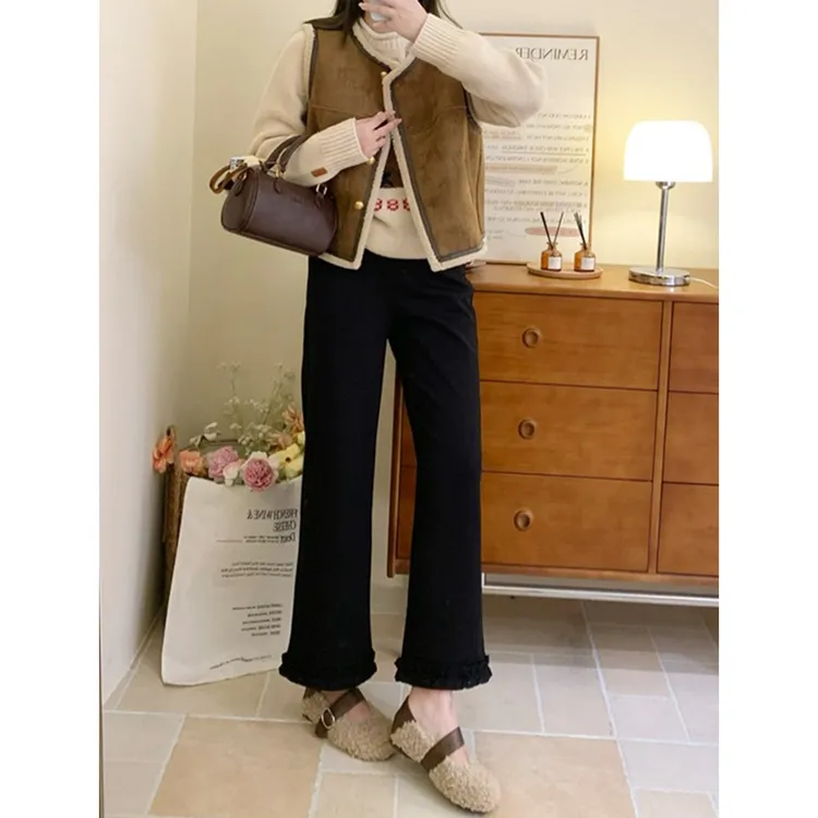 大码冬季加绒黑色木耳花边直筒阔腿休闲裤女梨形身材宽松显瘦长裤