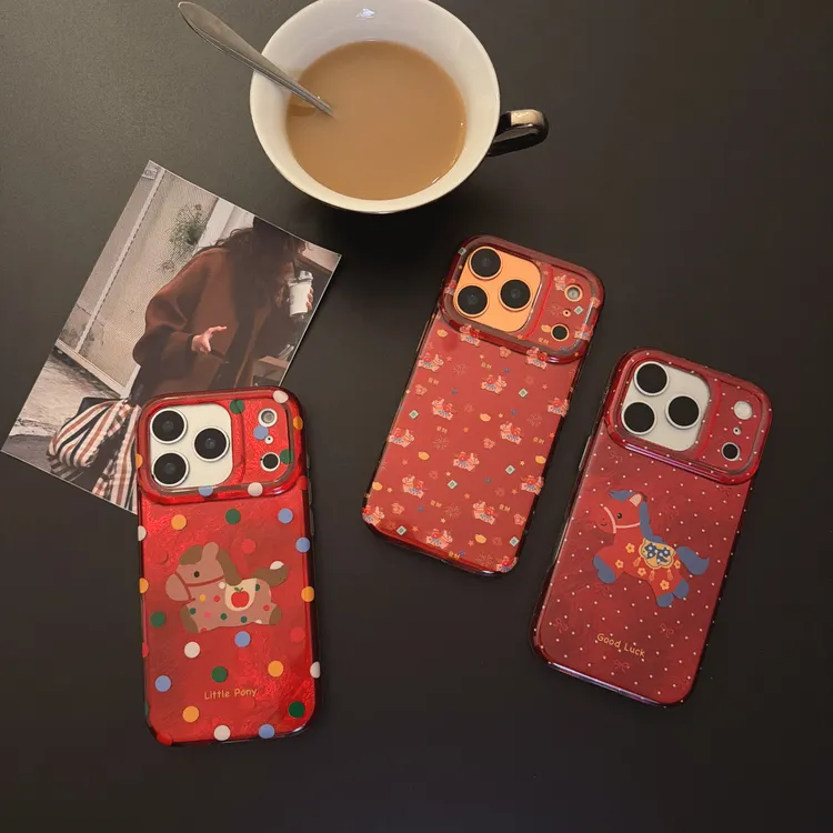 适用iPhone17Promax锡纸双层ins红底彩色波点新年小马苹果手机壳