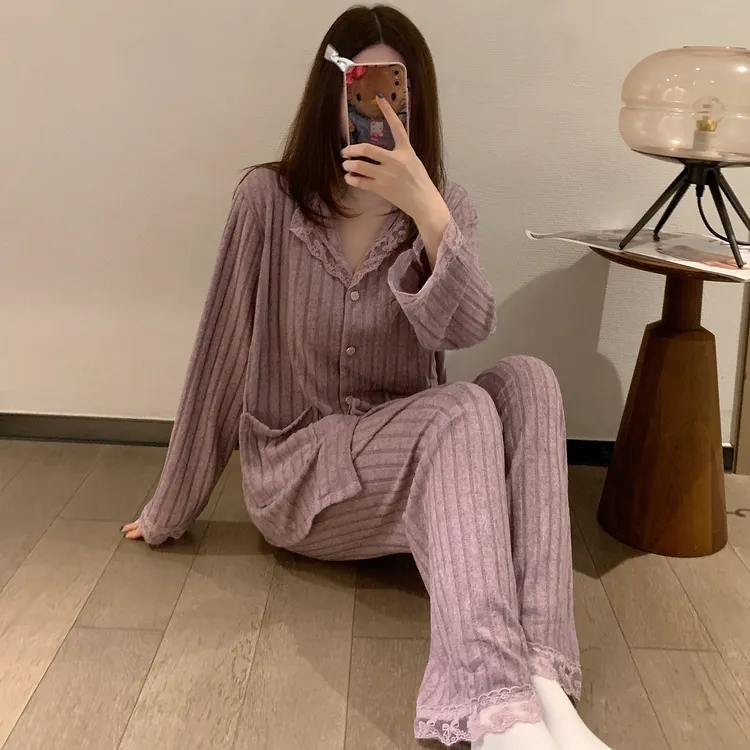 睡衣女春秋季2025新款长袖花边简约紫色可外穿休闲大码家居服套装