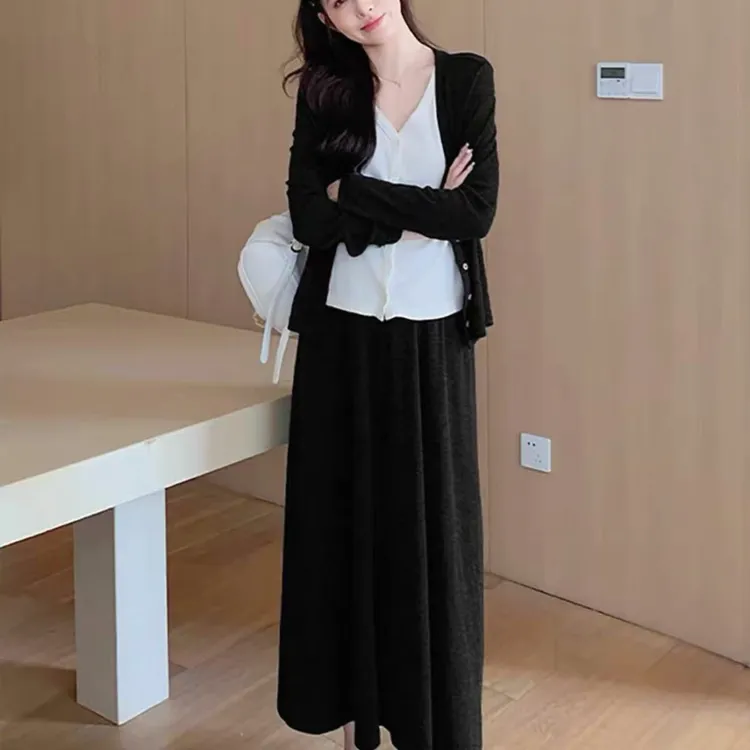 欧货假两件上衣针织开衫半身裙子减龄显瘦两件套