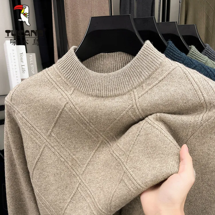 啄木鸟冬季新款男士半高圆领羊毛衫中青年休闲加厚保暖针织毛衣