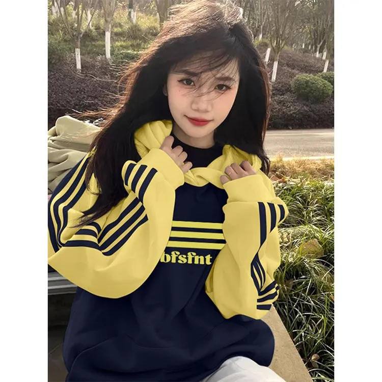 美式复古撞色hiphop插肩卫衣女秋冬加绒加厚美式高街韩版连帽外套