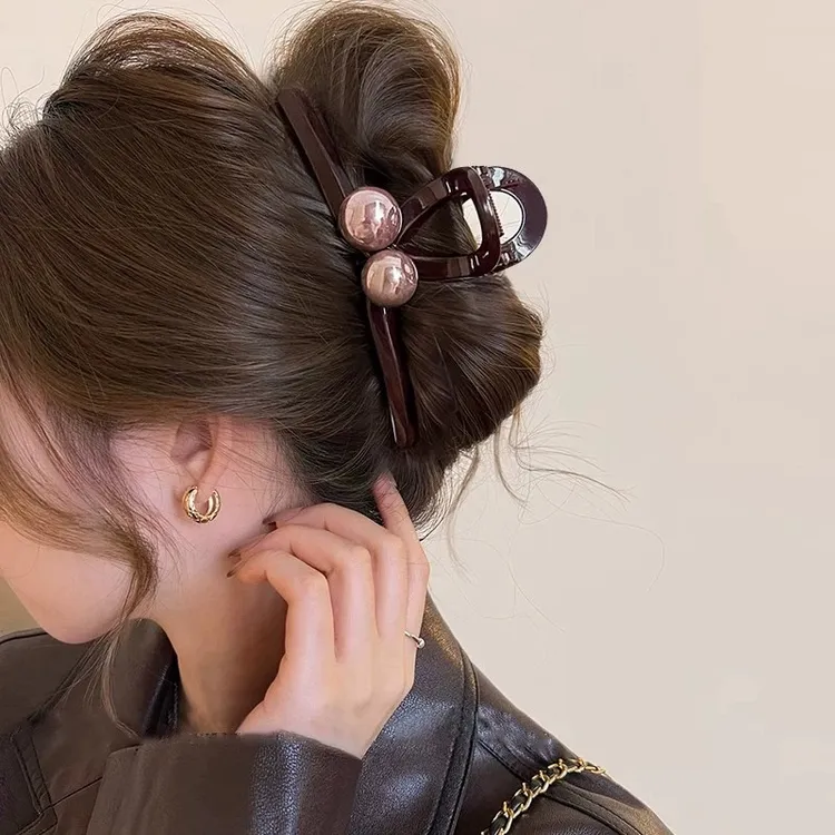 玫乐发饰发卡复古咖色珠珠高颜值流行新款大号发夹刘海女生氛围感商品图