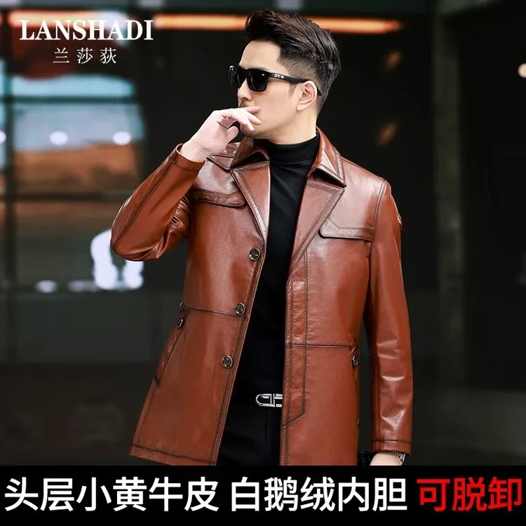 真皮皮衣男头层牛皮油蜡工艺中长款风衣冬款鹅绒可脱卸内胆2588