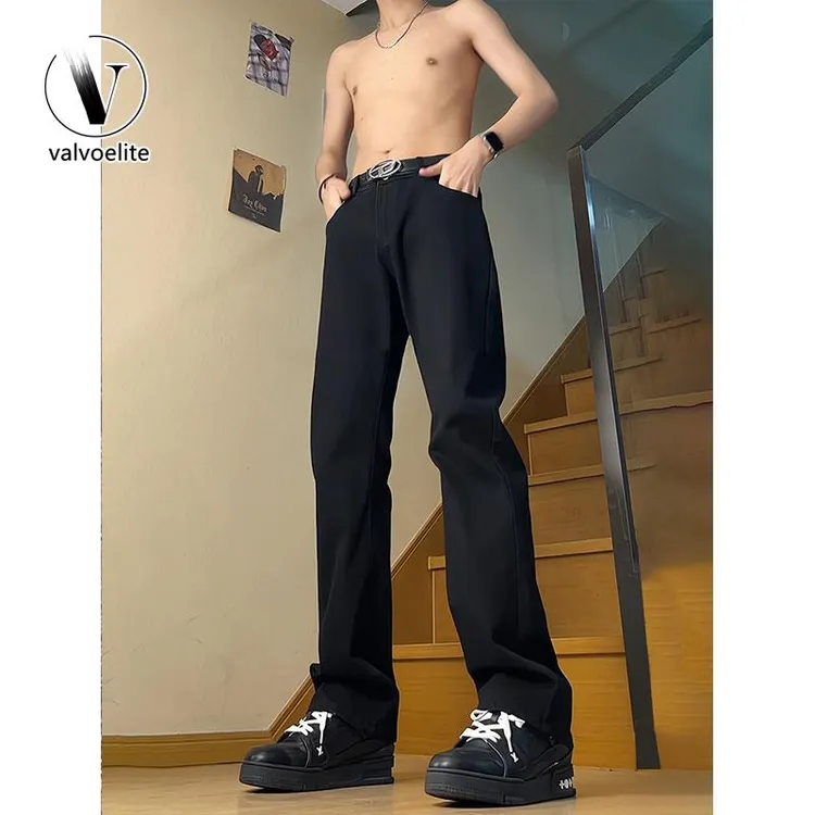 VALVOELITE牛仔裤男皮带款高腰显瘦秋修身直筒窄版弯刀微喇叭裤子