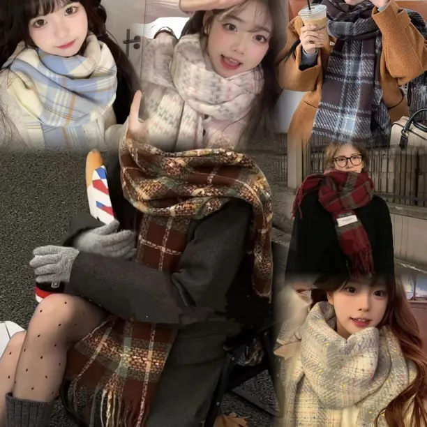 冬款格子学生围巾女仿羊绒围巾披肩保暖法式氛围感围脖百搭