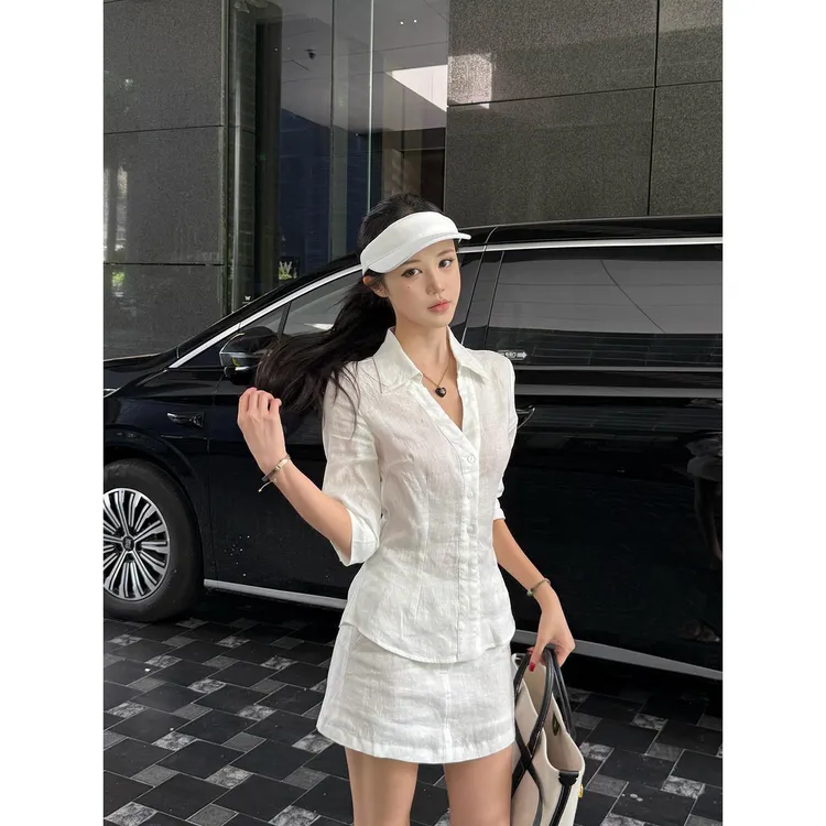 夏季新款智性氧气感亚麻套装气质亚麻衬衫短裙 亚麻衬衫/短裙套组