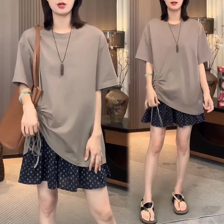 慵懒风夏装一整套女时尚抽绳短袖t恤气质时尚显瘦波点短裙两件套