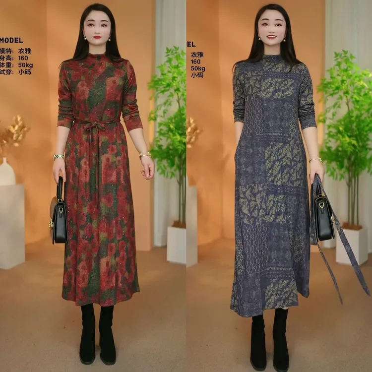 【衣雅严选】8220-2678#新款长袖烫金精致高定气质显瘦系带连衣裙