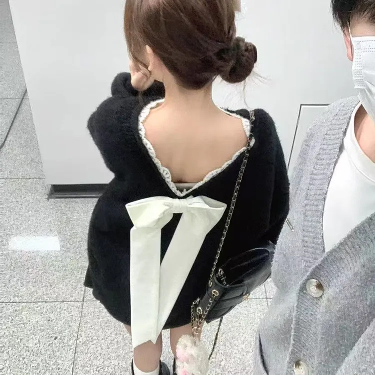 小个子慵懒风韩版chic新款宽松百搭长袖v领蝴蝶结套头针织衫毛衣