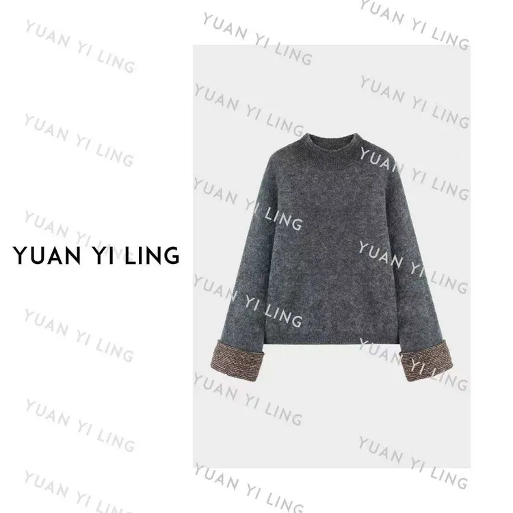 袁艺灵【北欧灰】秋冬半高领撞色拼接简约气质显瘦上衣0096