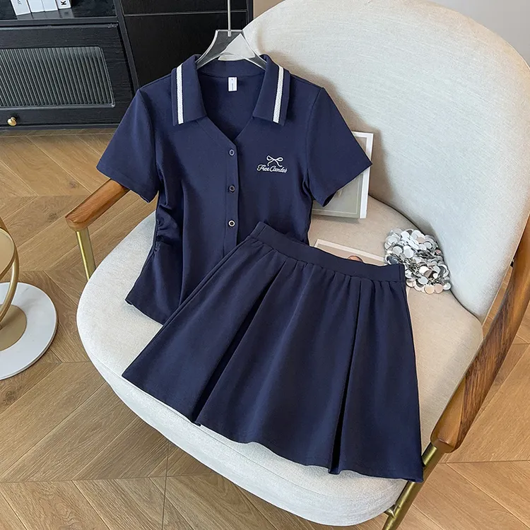 2025年夏季新款胖mm收腰百搭显瘦遮肉V领上衣+收褶半身裙两件套装