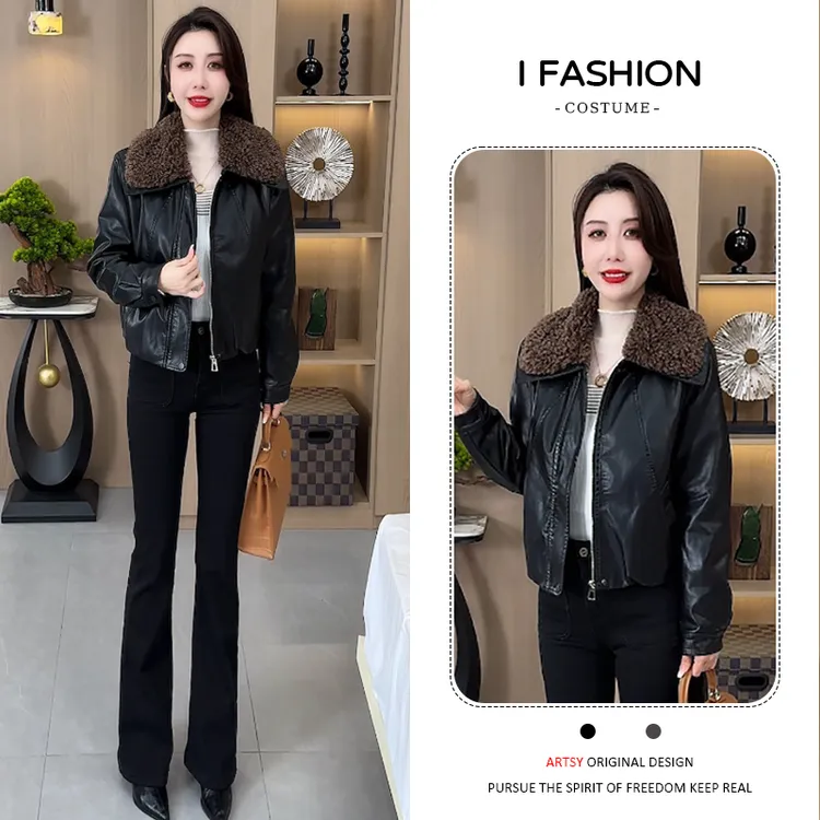 加绒加厚毛领皮衣短外套女2025冬季新款洋气百搭保暖机车服皮棉袄