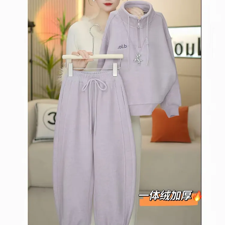 女童加绒卫衣弯刀卫裤套装2025新款秋冬加厚一体绒外套运动阔腿裤