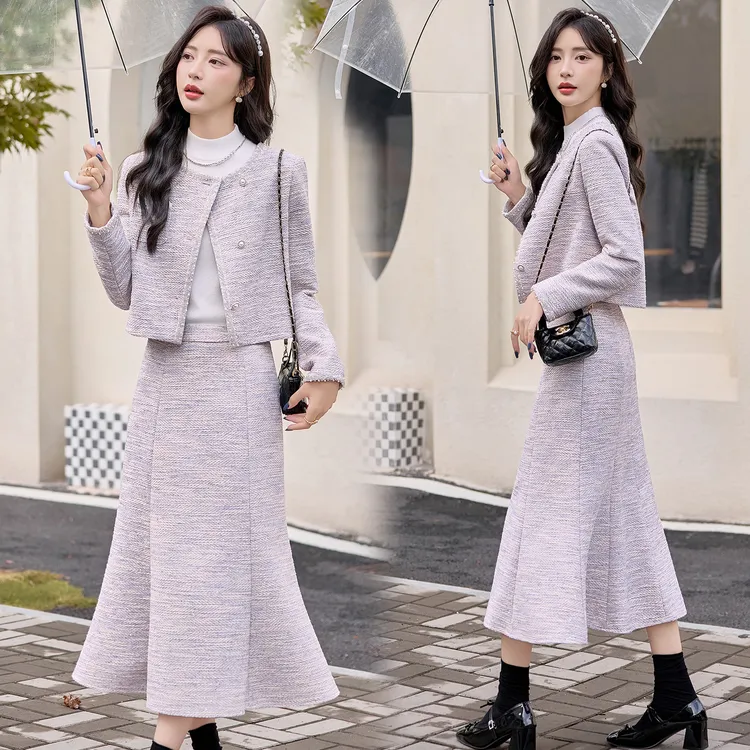 小香风钉珠斜门襟鱼尾摆半裙套装女2025新款高级感半身长裙两件套