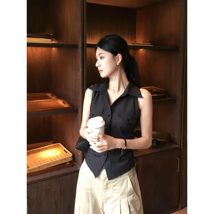 韩版Polo领无袖背心女夏季新款百搭高腰宽松显瘦阔腿垂感休闲裤