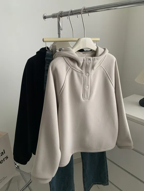 简约金属按扣半门襟连帽套头卫衣冬季宽松休闲韩版插肩袖加绒外套