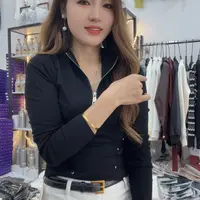 6171拉链翻领长袖T恤衫女秋季新款修身显瘦洋气上衣