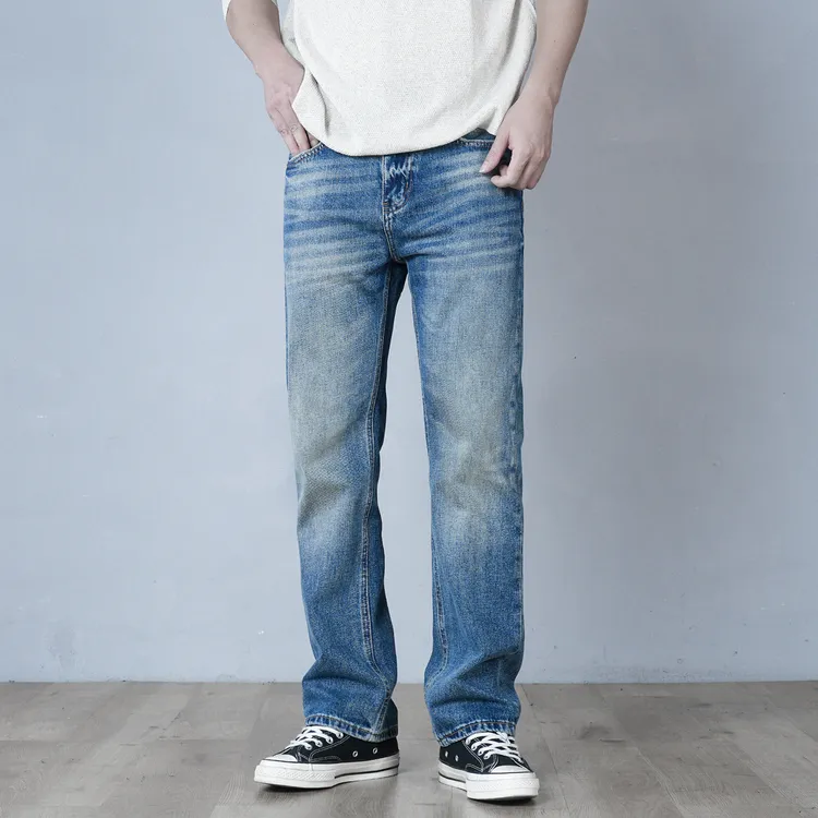 SEVENTH/第七路秋冬加厚款深蓝水洗时尚百搭休闲宽松直筒牛仔裤男