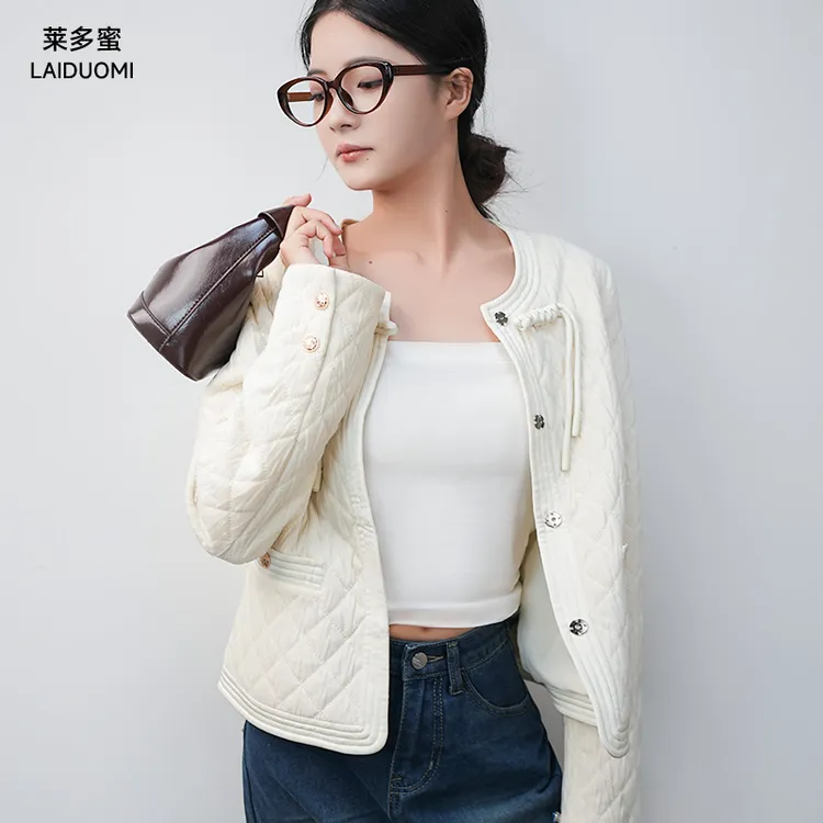 小香风外套国风新中式盘扣设计菱格圆领棉服保暖复古秋冬新款女装